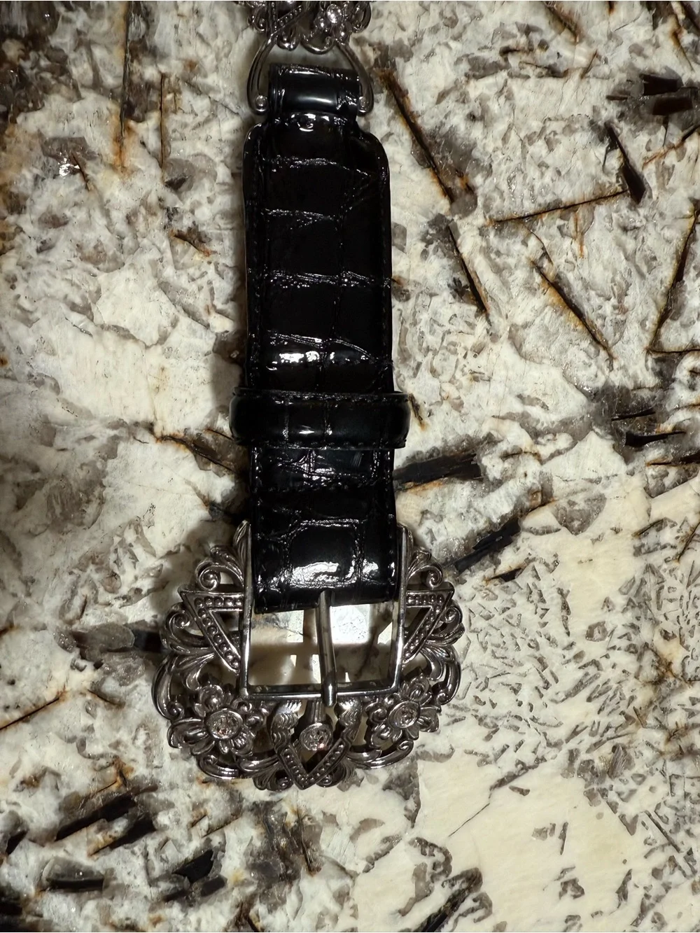 Brighton Black Croc-Embossed Women’s Belt with Ornate Silver Buckle